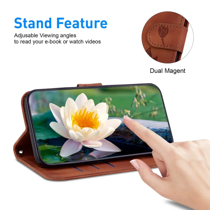 For iPhone 16 Pro Max Phone Case Lotus Imprint Leather Stand Wallet Cover - Brown