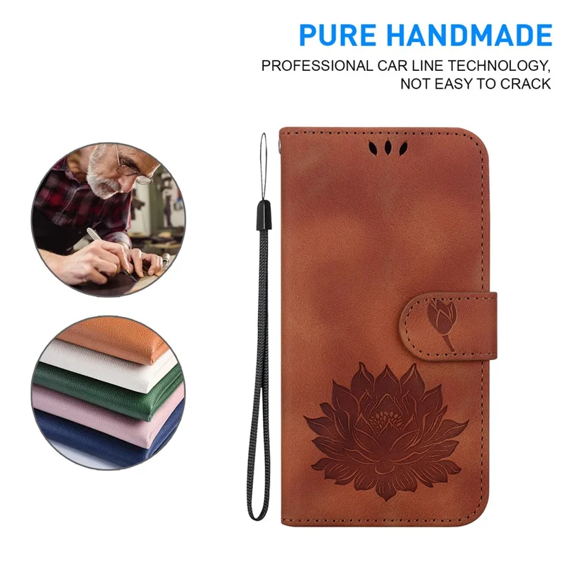 For iPhone 16 Pro Max Phone Case Lotus Imprint Leather Stand Wallet Cover - Brown