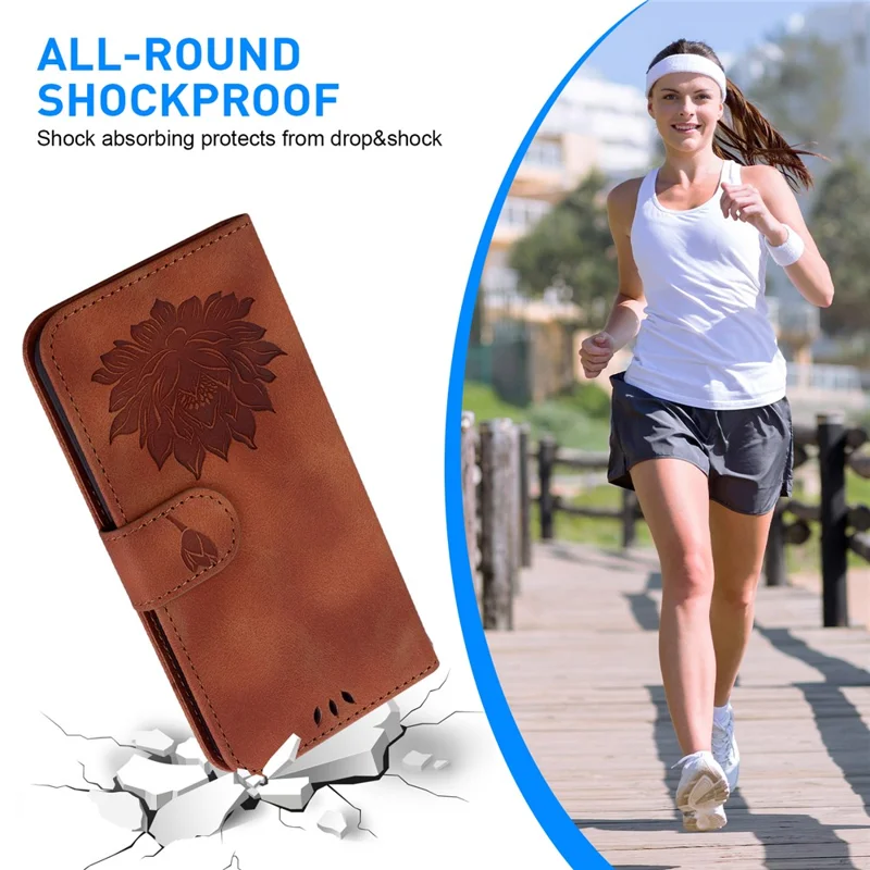 For iPhone 16 Pro Max Phone Case Lotus Imprint Leather Stand Wallet Cover - Brown