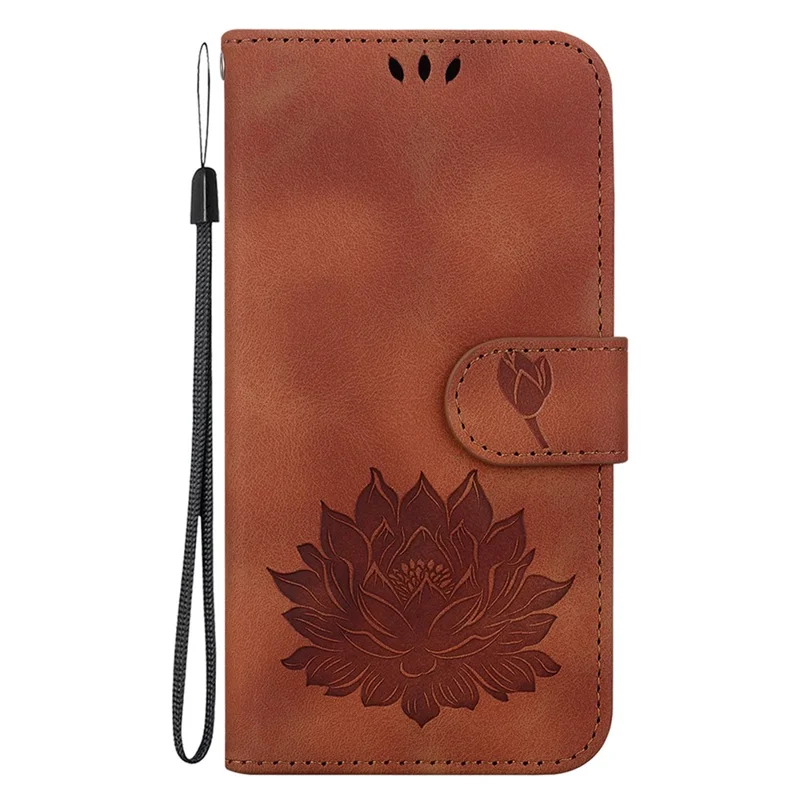 For iPhone 16 Pro Max Phone Case Lotus Imprint Leather Stand Wallet Cover - Brown