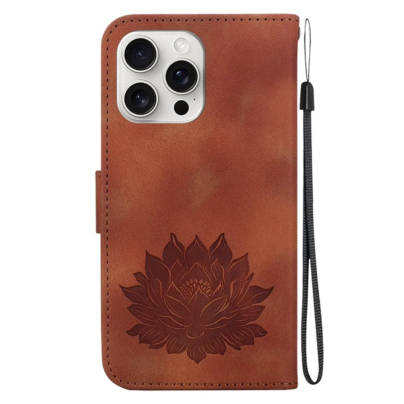 For iPhone 16 Pro Max Phone Case Lotus Imprint Leather Stand Wallet Cover - Brown