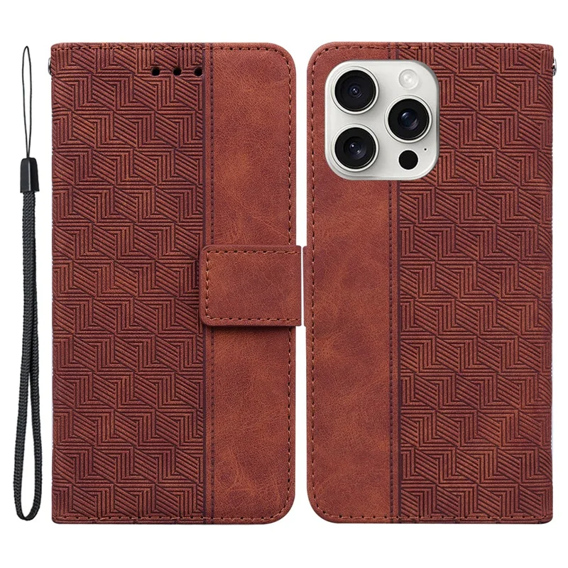 Para iPhone 16 Pro Max Case PU Leather Geometry Imprint Wallet Phone Cover - Marrom