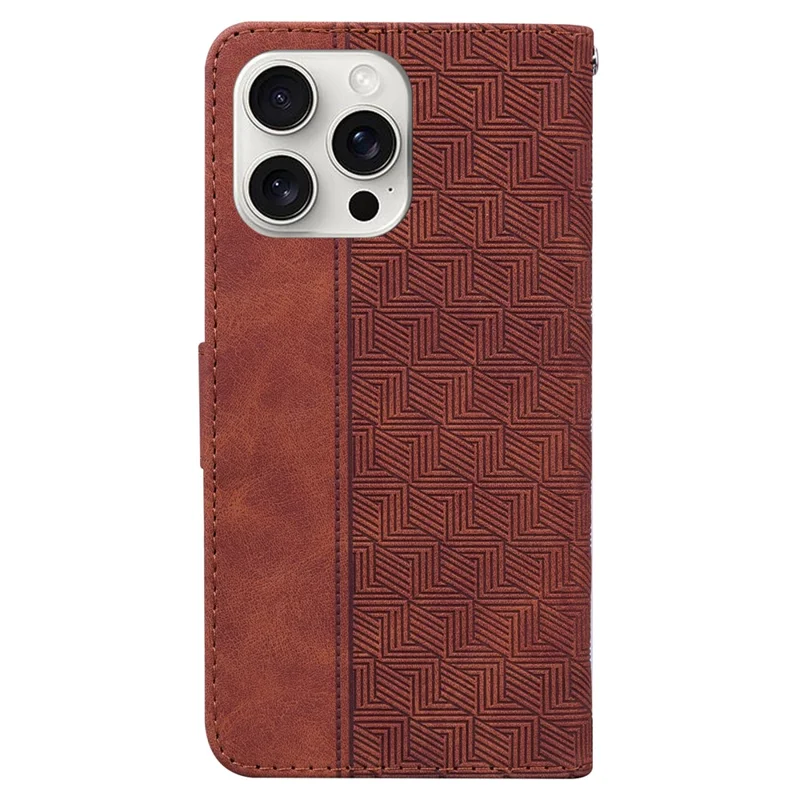 Para iPhone 16 Pro Max Case PU Leather Geometry Imprint Wallet Phone Cover - Marrom