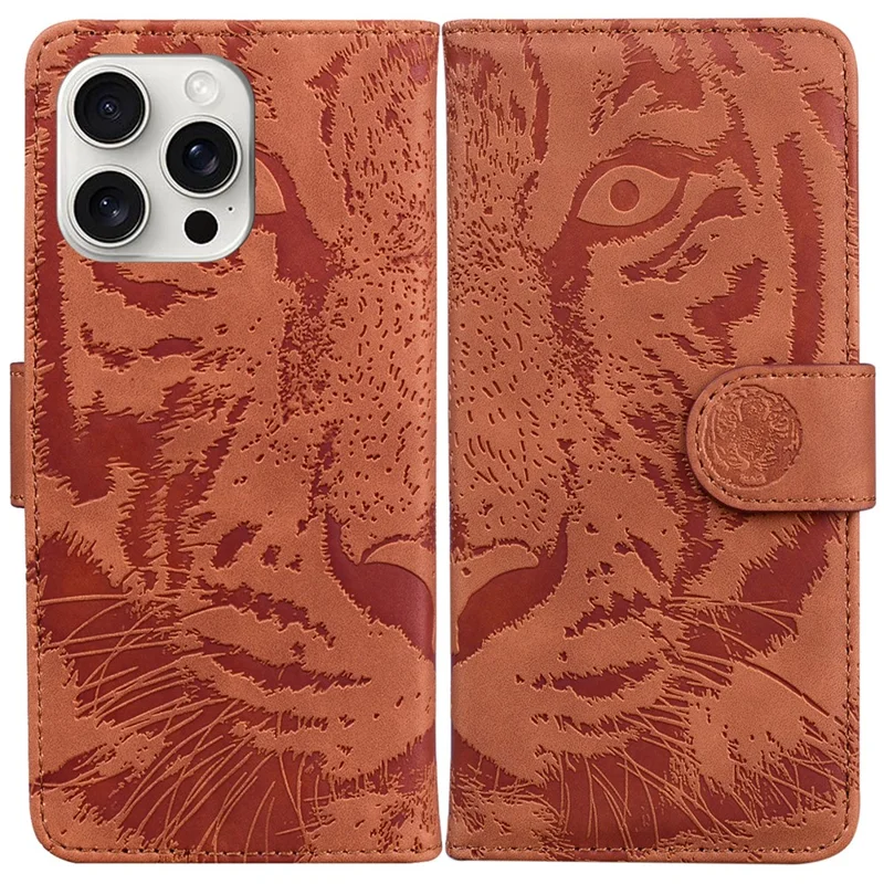 For iPhone 16 Pro Max Case Tiger Imprint Leather Shockproof Wallet Phone Cover - Brown