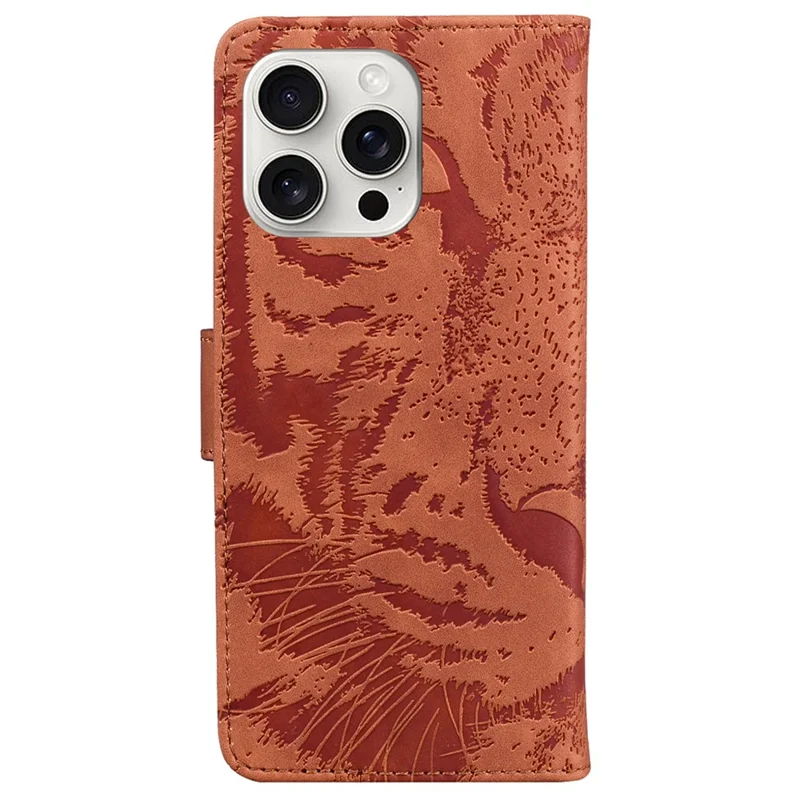 For iPhone 16 Pro Max Case Tiger Imprint Leather Shockproof Wallet Phone Cover - Brown