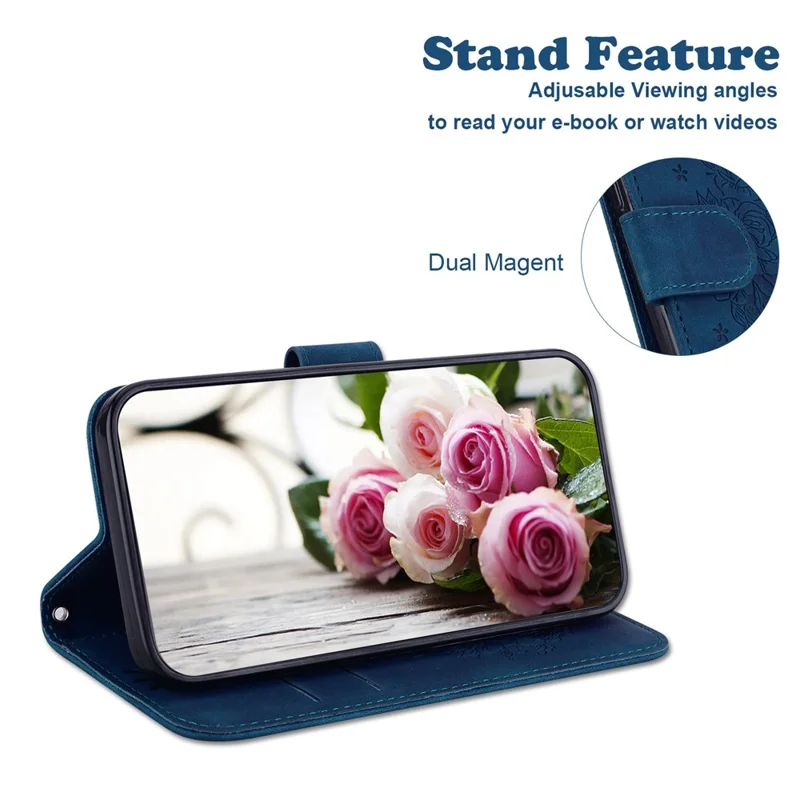 For iPhone 16 Pro Max Wallet Case PU Leather Phone Cover Butterfly Flower Imprint - Blue