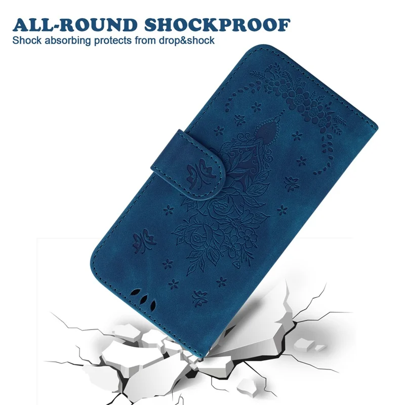 For iPhone 16 Pro Max Wallet Case PU Leather Phone Cover Butterfly Flower Imprint - Blue