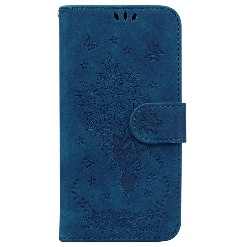 For iPhone 16 Pro Max Wallet Case PU Leather Phone Cover Butterfly Flower Imprint - Blue
