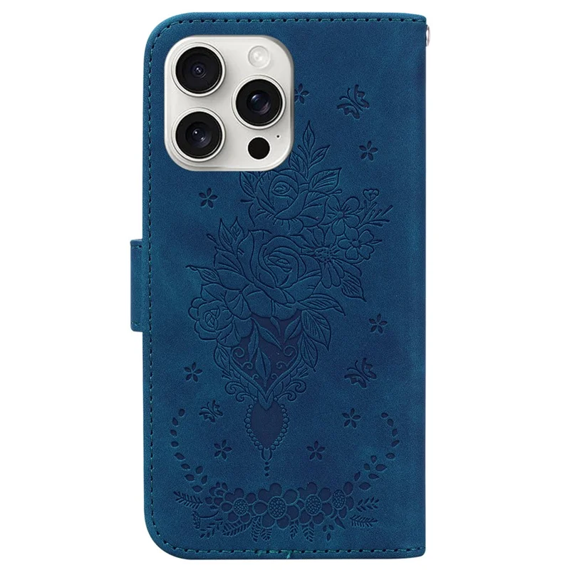 For iPhone 16 Pro Max Wallet Case PU Leather Phone Cover Butterfly Flower Imprint - Blue