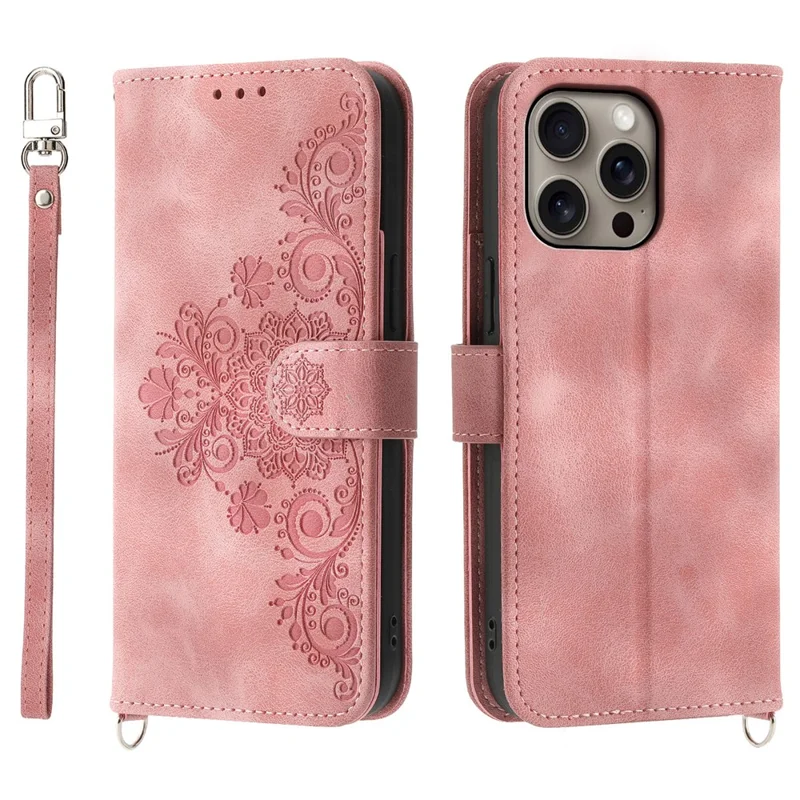 For iPhone 16 Pro Max Leather Case Multiple Card Slots Phone Cover with 2 Straps - Pink