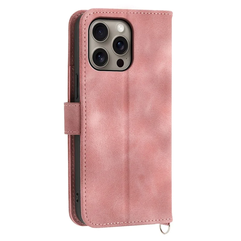 For iPhone 16 Pro Max Leather Case Multiple Card Slots Phone Cover with 2 Straps - Pink