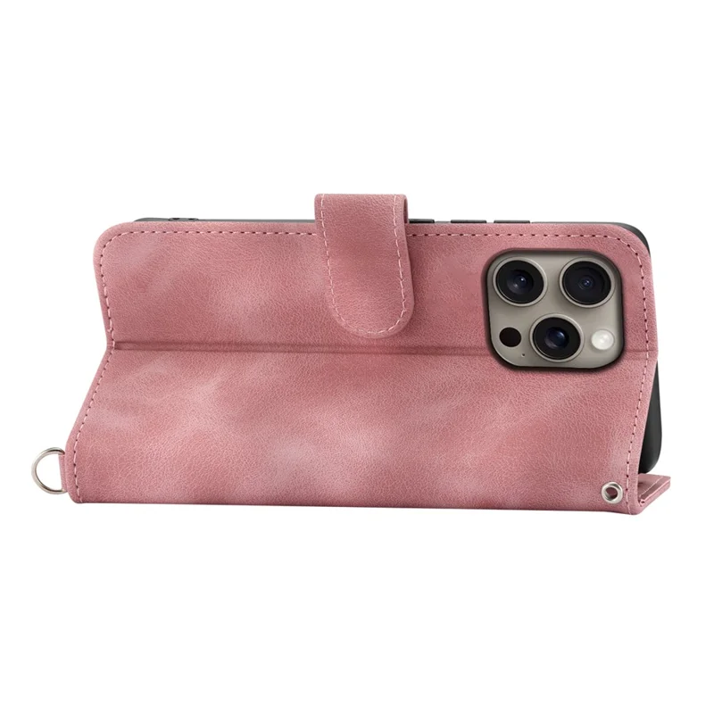 For iPhone 16 Pro Max Leather Case Multiple Card Slots Phone Cover with 2 Straps - Pink