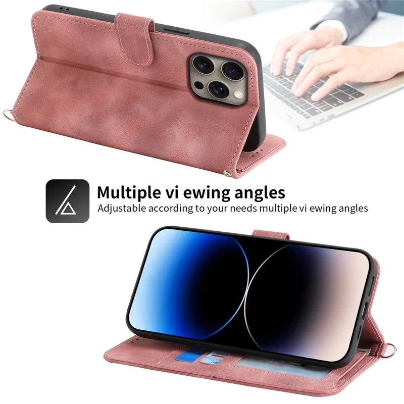 For iPhone 16 Pro Max Leather Case Multiple Card Slots Phone Cover with 2 Straps - Pink