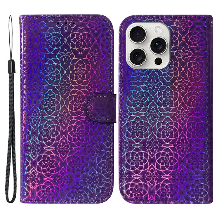 Capa para iPhone 16 Pro, Dazzling Flower Anti-Drop Leather Phone Cover - Roxo