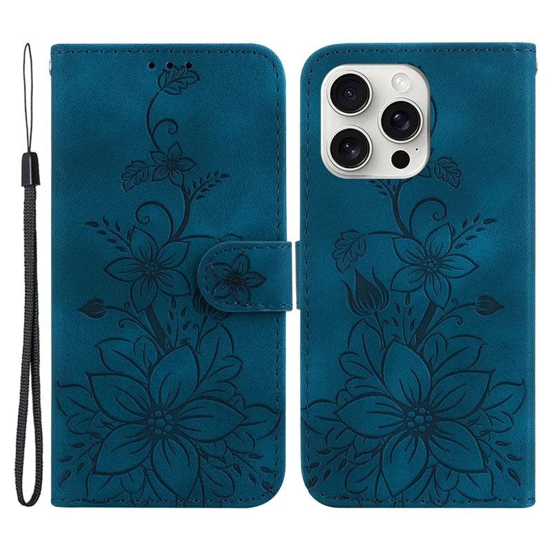 For iPhone 16 Pro Wallet Case PU Leather Phone Cover Flower Imprinted - Dark Blue