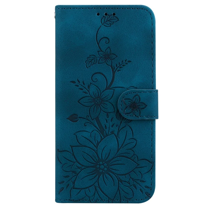 For iPhone 16 Pro Wallet Case PU Leather Phone Cover Flower Imprinted - Dark Blue