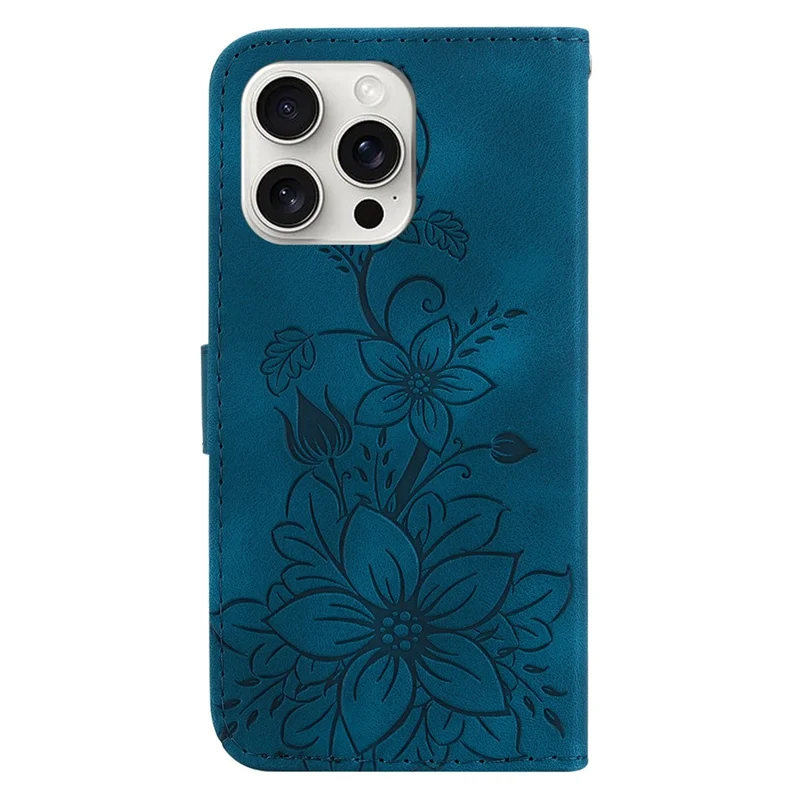 For iPhone 16 Pro Wallet Case PU Leather Phone Cover Flower Imprinted - Dark Blue