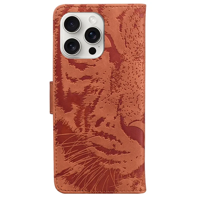 Для iPhone 16 Pro Case Tiger Imprint Leather Shockproof Wallet Phone Cover - Brown