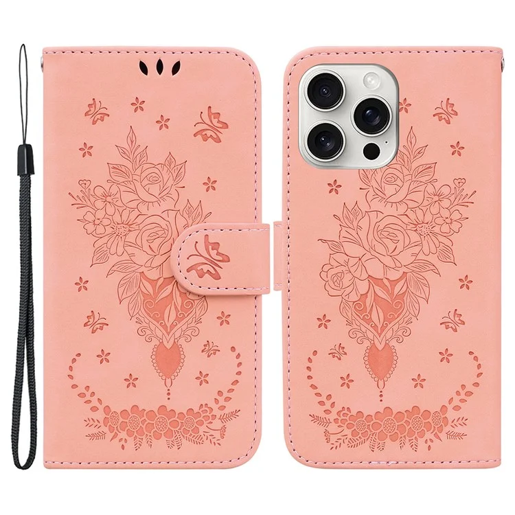 For iPhone 16 Pro Wallet Case PU Leather Phone Cover Butterfly Flower Imprint - Pink