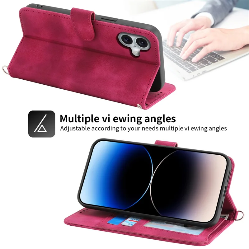 جراب جلد لآيفون 16 بلس مع عدة فتحات للبطاقات وغطاء هاتف مع حزامين - أحمر نبيذ
