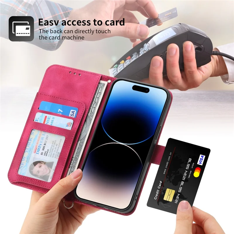 جراب جلد لآيفون 16 بلس مع عدة فتحات للبطاقات وغطاء هاتف مع حزامين - أحمر نبيذ