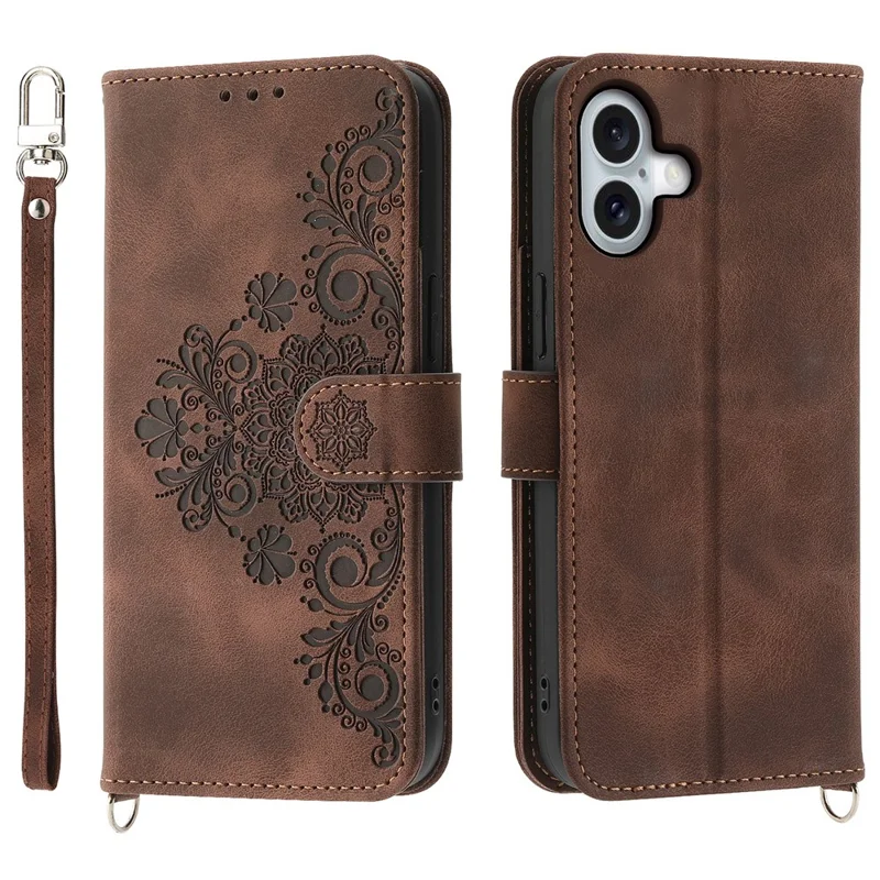 For iPhone 16 Leather Case Multiple Card Slots Phone Cover with 2 Straps - Brown