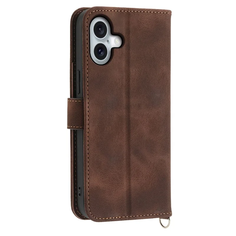 For iPhone 16 Leather Case Multiple Card Slots Phone Cover with 2 Straps - Brown