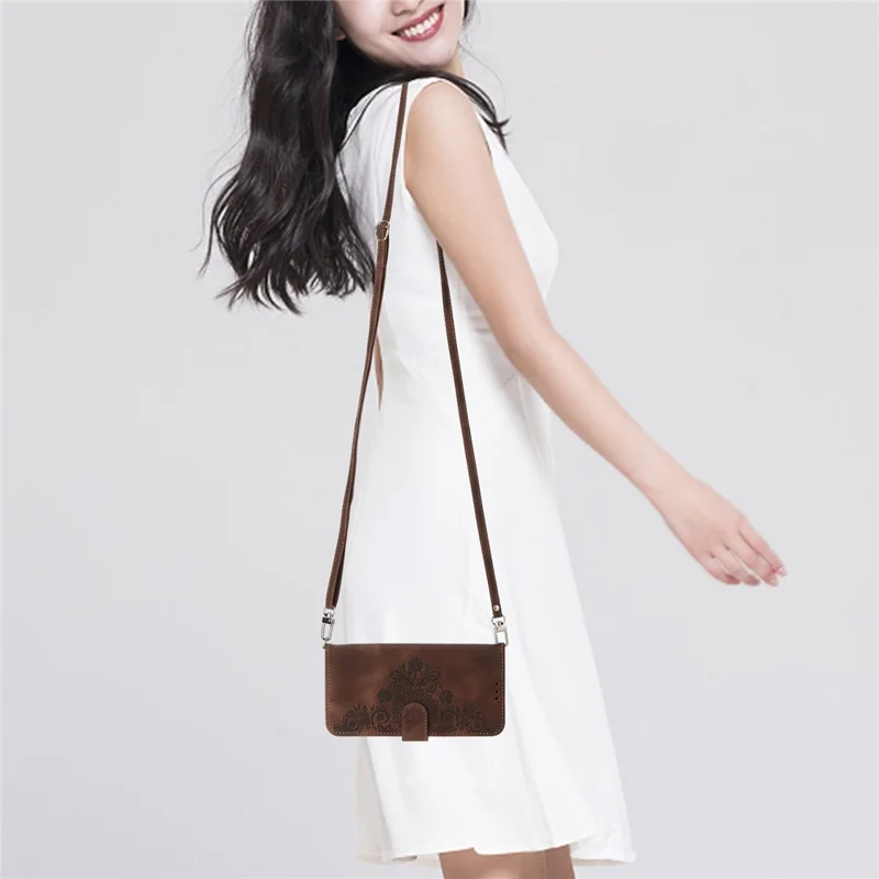 For iPhone 16 Leather Case Multiple Card Slots Phone Cover with 2 Straps - Brown