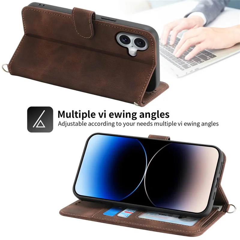 For iPhone 16 Leather Case Multiple Card Slots Phone Cover with 2 Straps - Brown