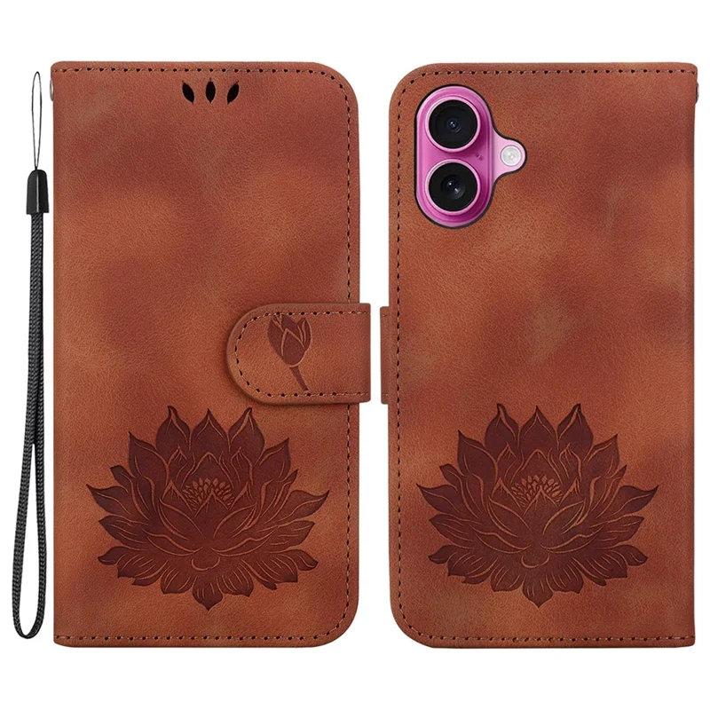For iPhone 16 Plus Phone Case Lotus Imprint Leather Stand Wallet Cover - Brown