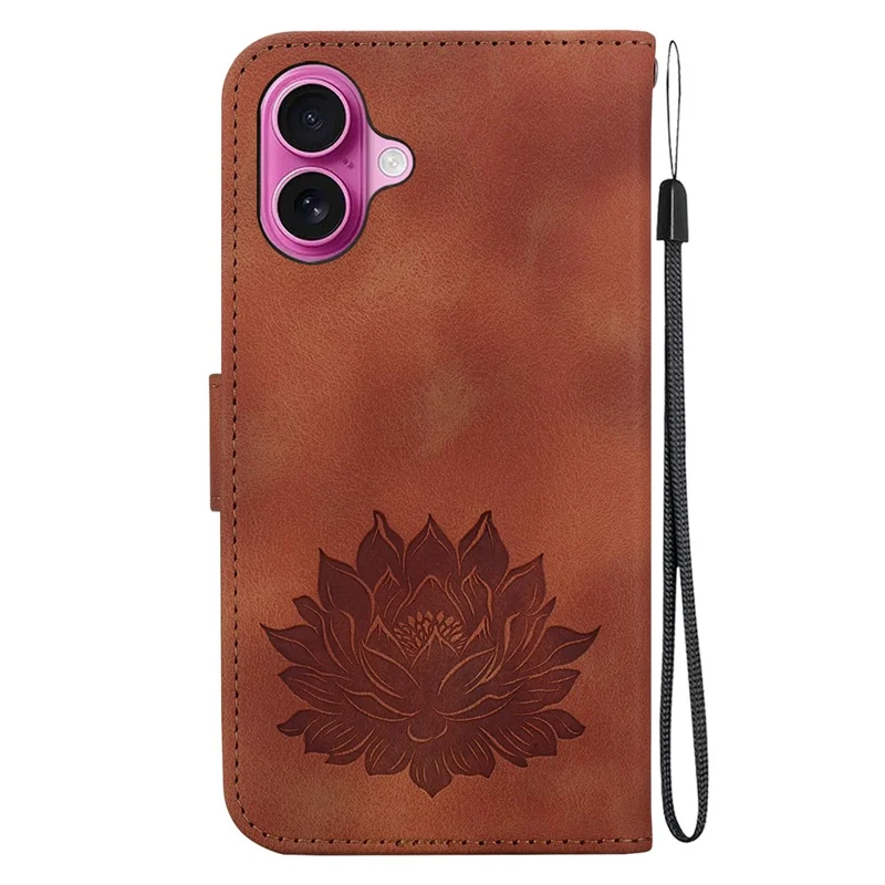 For iPhone 16 Plus Phone Case Lotus Imprint Leather Stand Wallet Cover - Brown