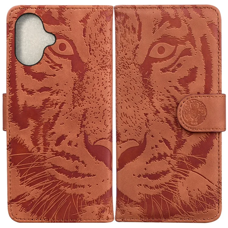 Capa Para iPhone 16 Plus Tiger Imprint Leather Shockproof Wallet Phone Cover - Marrom
