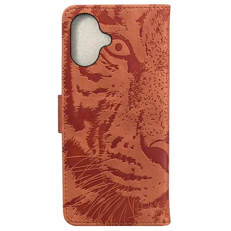Capa Para iPhone 16 Plus Tiger Imprint Leather Shockproof Wallet Phone Cover - Marrom