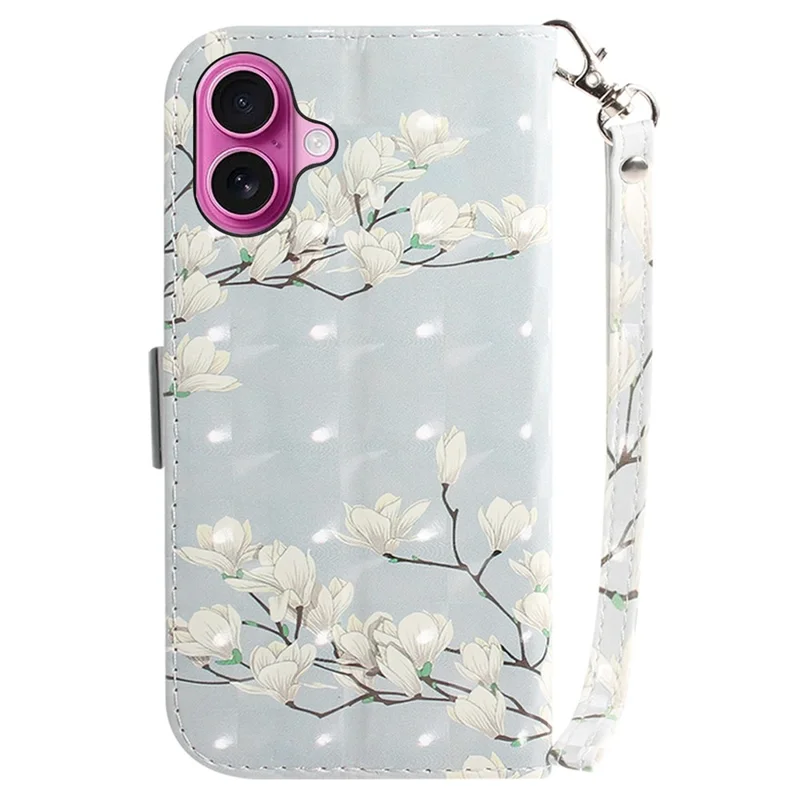 For iPhone 16 Plus Wallet Case 3D Pattern Print Leather Phone Cover - Magnolia