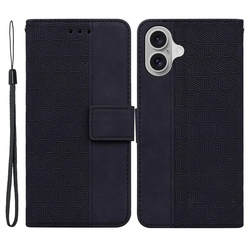 For iPhone 16 Case PU Leder Geometrische Prägung Brieftasche Handyhülle - Schwarz