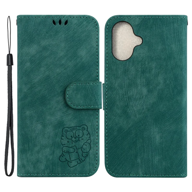 For iPhone 16 Stand Case Cute Tiger Imprint Leather Wallet Phone Cover - Green