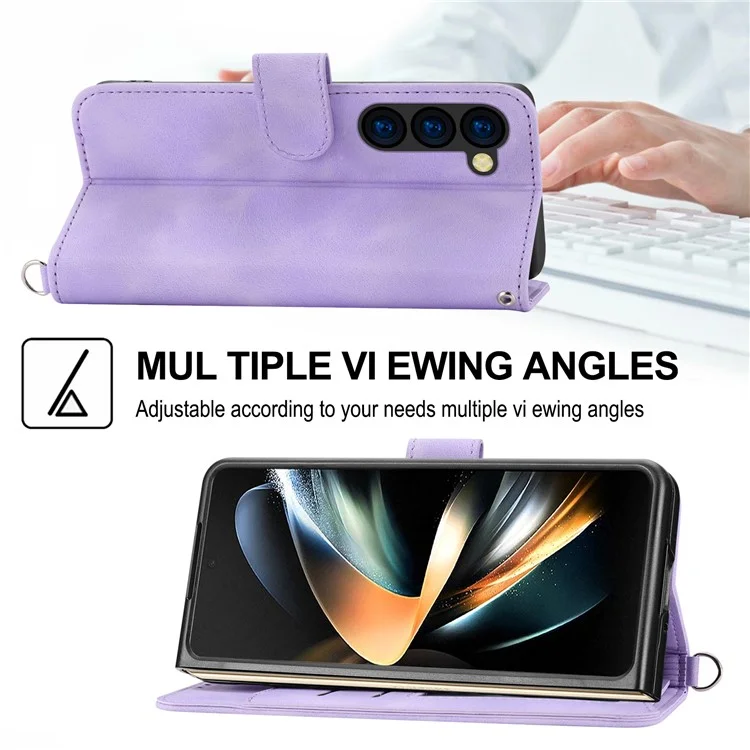 Para Samsung Galaxy Z Fold6 5G Leather Case Múltiplos Slots de Cartão Capa de Telefone com 2 Alças - Roxo