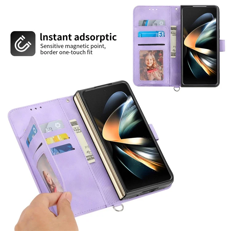 Para Samsung Galaxy Z Fold6 5G Leather Case Múltiplos Slots de Cartão Capa de Telefone com 2 Alças - Roxo