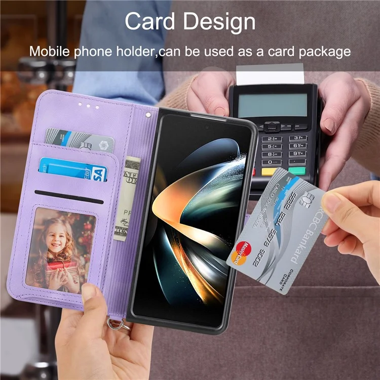 Para Samsung Galaxy Z Fold6 5G Leather Case Múltiplos Slots de Cartão Capa de Telefone com 2 Alças - Roxo