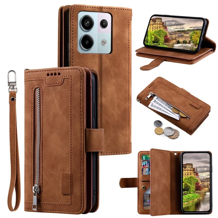 For Xiaomi Poco C75 4G / Redmi 14R 5G / 14C 4G Case Zipper Pocket PU Leather Phone Cover with 9 Card Slots - Brown