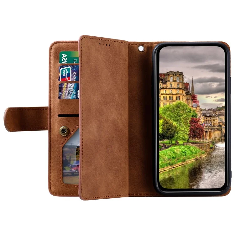 For Xiaomi Poco C75 4G / Redmi 14R 5G / 14C 4G Case Zipper Pocket PU Leather Phone Cover with 9 Card Slots - Brown