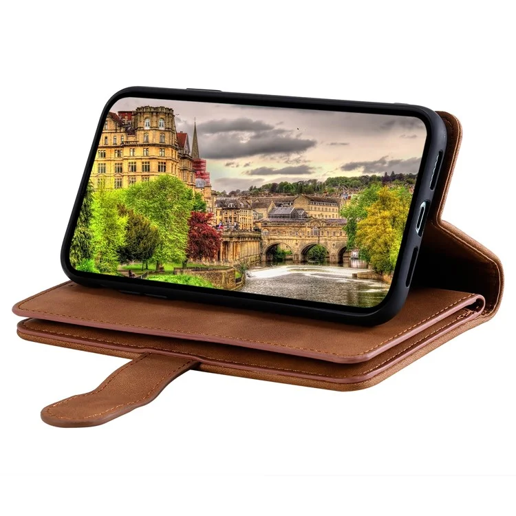 For Xiaomi Poco C75 4G / Redmi 14R 5G / 14C 4G Case Zipper Pocket PU Leather Phone Cover with 9 Card Slots - Brown