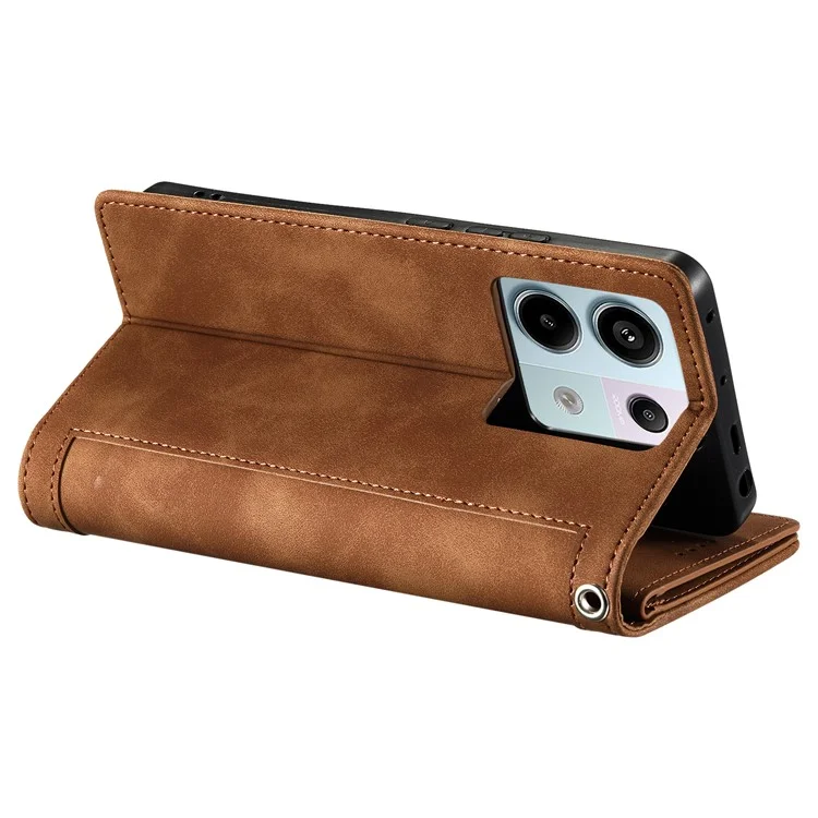 For Xiaomi Poco C75 4G / Redmi 14R 5G / 14C 4G Case Zipper Pocket PU Leather Phone Cover with 9 Card Slots - Brown