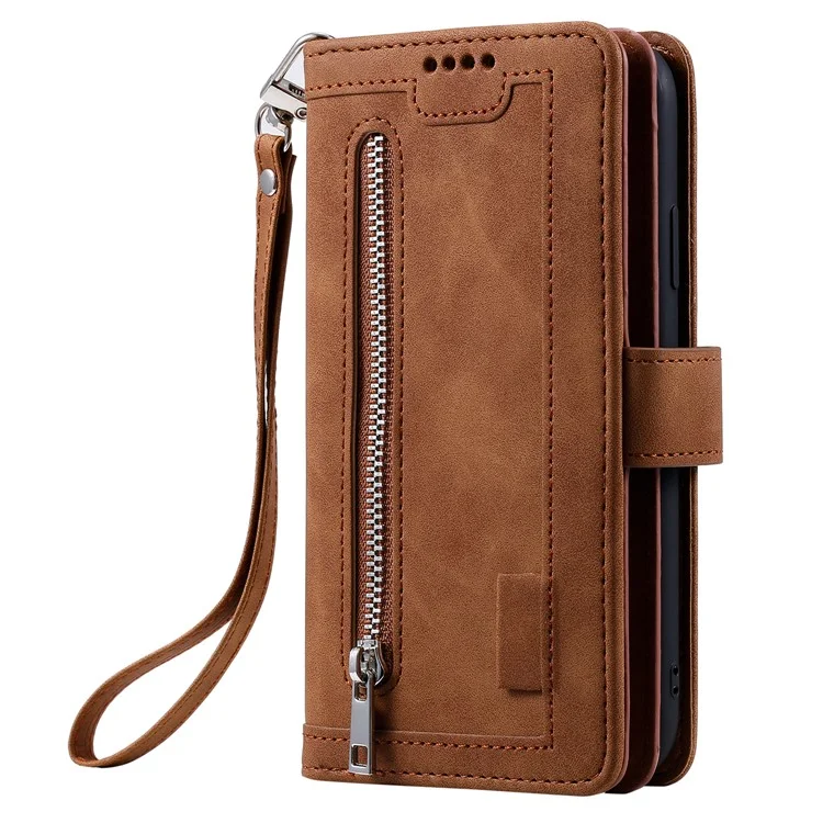 For Xiaomi Poco C75 4G / Redmi 14R 5G / 14C 4G Case Zipper Pocket PU Leather Phone Cover with 9 Card Slots - Brown