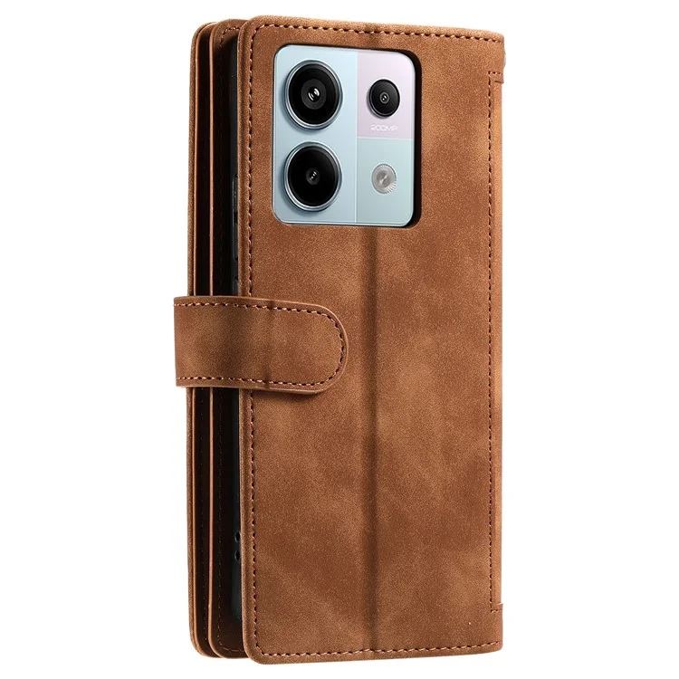 For Xiaomi Poco C75 4G / Redmi 14R 5G / 14C 4G Case Zipper Pocket PU Leather Phone Cover with 9 Card Slots - Brown
