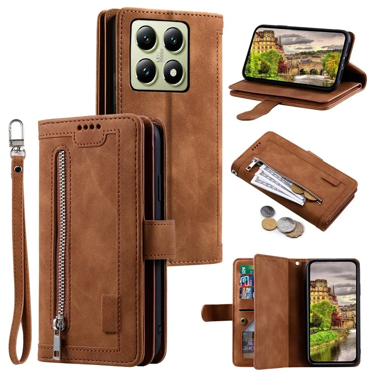 Capa para Xiaomi 14T Phone Case com Zipper Pocket 9 Card Slots PU Leather Flip Cover - Marrom
