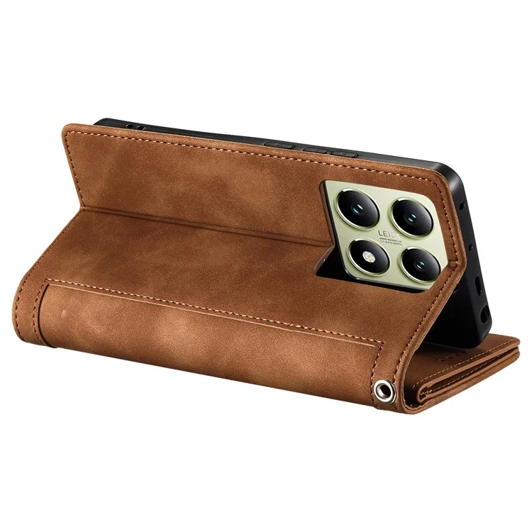 Capa para Xiaomi 14T Phone Case com Zipper Pocket 9 Card Slots PU Leather Flip Cover - Marrom