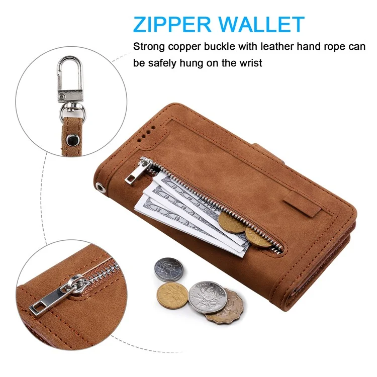 Capa para Xiaomi 14T Phone Case com Zipper Pocket 9 Card Slots PU Leather Flip Cover - Marrom
