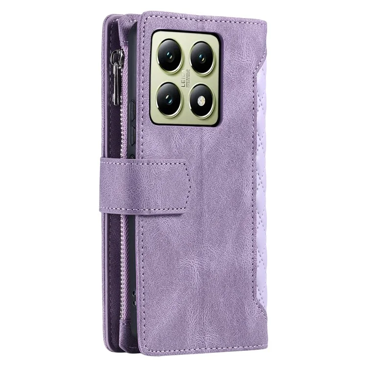 Style 005 For Xiaomi 14T Phone Case Rhombus Stitching Line PU Leather Wallet Cover - Purple