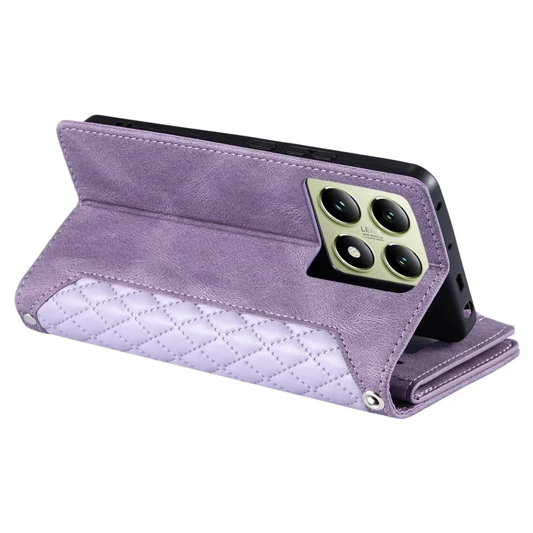 Style 005 For Xiaomi 14T Phone Case Rhombus Stitching Line PU Leather Wallet Cover - Purple